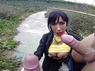 Outdoor threesome with big titty mom sucking two dicks with passion