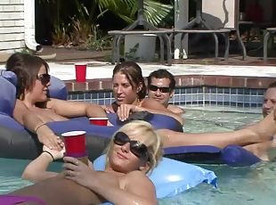 Hot models at the pool party outdor drinking and showing off tits