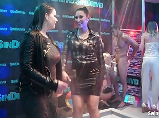 Lesbian snatch eating and hardcore fucking at a night club