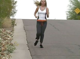 Gorgeous Blonde Taking A Jog In Sport Shoes Fondles Her Tits