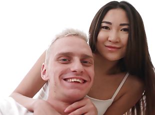 Cutie takes cum on her lips - Asian teen takes BWC in interracial couple hardcore