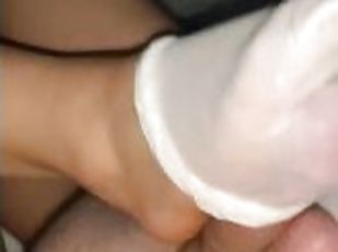 Big Load of CUM  in her Frilly Socks????????Cute college girl footjob