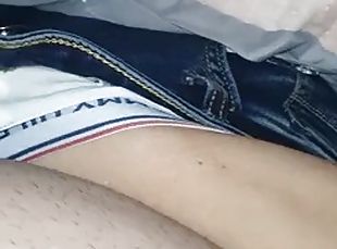 Stepson, stepmoms hand slides under his jeans and touches his cock.