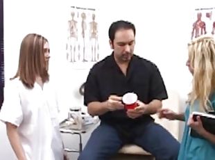 Two helpful nurses jerk a guy off into a sample cup