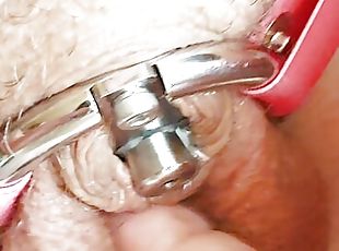 Fingering my precum dick in an Inverted Chastity device 