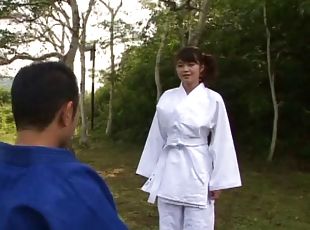 He gives her martial arts lesson then fucks her hairy pussy