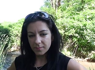 Skinny camping bitch receives a mouthful after an outdoor fuck