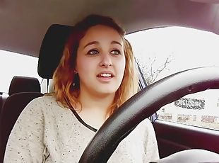Babe in the car talks about the curse of big tits