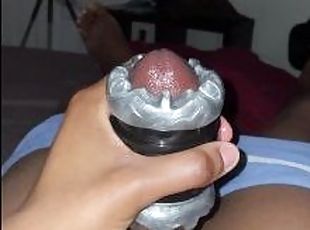 Young black cum with Fleshjack toy