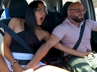 Brunette with smashing lines tries outdoor sunny porn by the side of the road