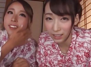 POV video with two hot Japanese chicks riding a friend's dick
