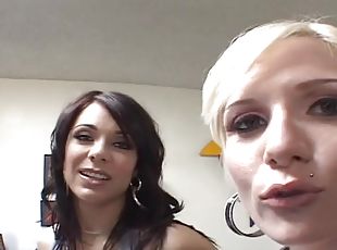 A blonde and a brunette give a great blowjob to a lucky man