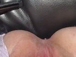 Using my mini vibrating wand on my clit, pulsating and squirting repeatedly all over my desk chair