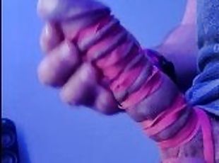 22nd ruined orgasm, long painful orgasm with 12 rubber bands restricting cock and balls tight