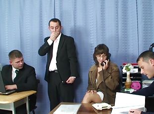 Two office colleges fuck their mature lady friend while in a office meeting