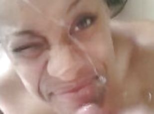 Naked black girl wont shut up while I jerk off and cum on her face