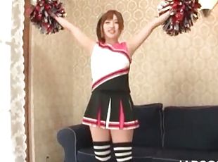Flexible asian cheerleader gets her perky tits licked