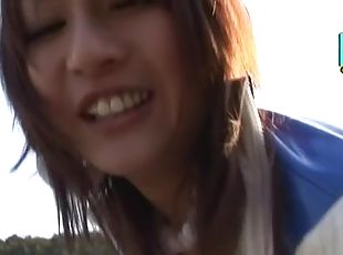 Naughty Japanese chick Yui Tatsumi drops on her knees to blow