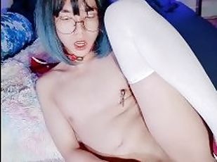 Cute Asian Sissy cums in chastity