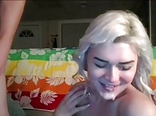 Blond ts gives a hot blowjob and gets hot jizz on her face
