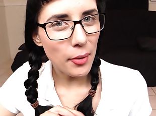 Pigtailed Brunette Teacher In Eyeglasses Giving Head In Pov Porn