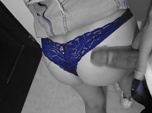 IM WEARING BLUE LACE PANTIES UNDER MY DENIM SKIRT AND I LOVE HE CUM IT