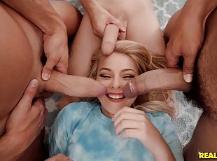Three guys with big cocks screwed tight pussy of a blonde bitch