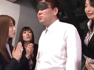 Asian boss gets his dick pleasured by his sexy coworkers. HD