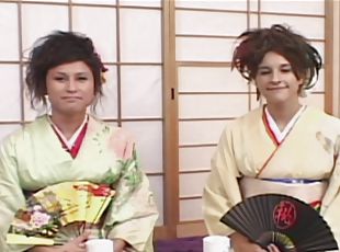 Asian babes Sakura Scott and Sayuri have kinky FFM threesome
