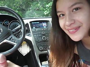 Brunette cutie with sexy smile gives POV blowjob and handjob in car