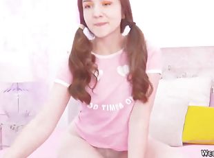 Pigtailed brunette amateur teen posing on webcam then stripping pink t shirt