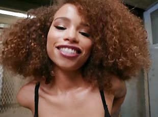 Ebony sweetie gets a doggy style anal orgasm on table