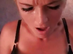 Shaved blonde girl on exercise ball fucked in her pussy
