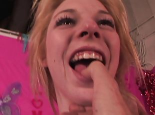 Gagging blonde gets throat fucked and loves every inch