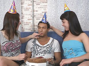 Black guy has his BBC worshiped by a couple of teens for his birtday