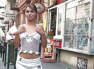 Voyeur Brunette Flashes Her Juicy Boobs and Shaved Pussy In Public