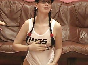 Brunette in glasses gives blowjob and enjoys piss drinking
