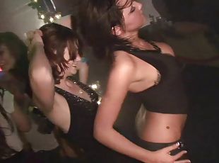 Alluring babes with big tits dancing seductively in the club party
