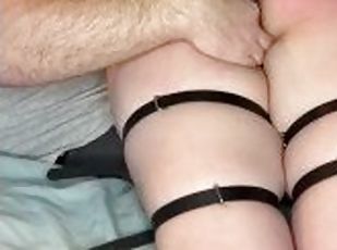 Teen in handcuffs and collar spanked hard over daddys lap