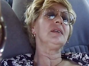 Mature Pauline fingers her old pussy in a car and gets fucked