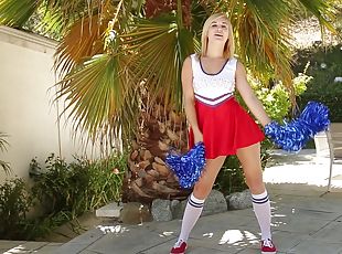 Blonde cheerleader Courtney Shea drops her uniform to ride a cock
