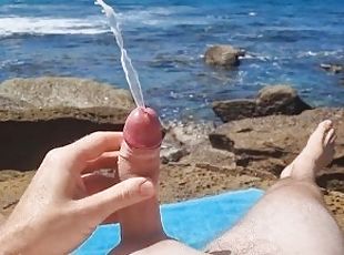 masturbacja, publiczne, amatorskie, wystrysk-spermy, plaża, pov, solo