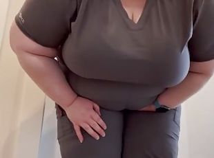 BBW can't hold pee at locked bathroom, desperately pees her scrubs