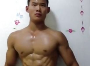 Fit Muscle Asian Stud wanks and Cums on his hot abs