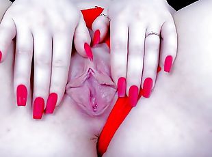 Close-up, masturbating juicy pussy pushing panties aside, my beautiful fingers with long red nails gently play with puss