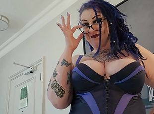 BBW MiLF with big tits and tattoos gives pierced cock a hand job.