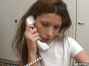 Slut on the phone with her boyfriend as she sucks a dick
