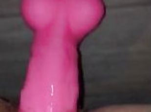 Hairy babe rides pink dildo (quick cum)