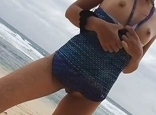 YOGA on Ocean shore without Panties # Butt Plug NO PANTIES