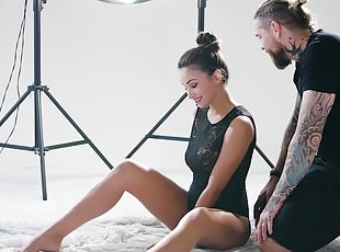 Fine girl strips during photo session to fuck like a whore